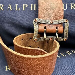 Ralph Lauren Italian Embellished Brass Buckle Calfskin Contour Belt